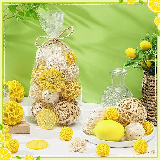 Riceshoot 2 Pack Decorative Balls Potpourri Bowl Filler Decor Natural Vase Bowl Filler Assorted Spherical Rattan Twigs Wicker Balls Cotton for Home Centerpiece(Lemon Yellow)
