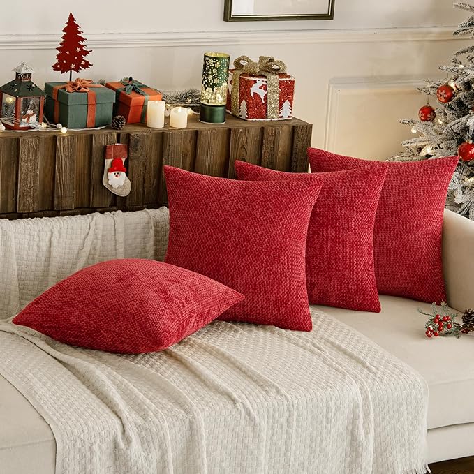 MIULEE Christmas Red Pack of 4 Couch Throw Pillow Covers 16x16 Inch Soft Decorative Chenille Pillow Covers Farmhouse Accent Cushion Covers for Boho Home Decor Sofa Bedroom Living Room