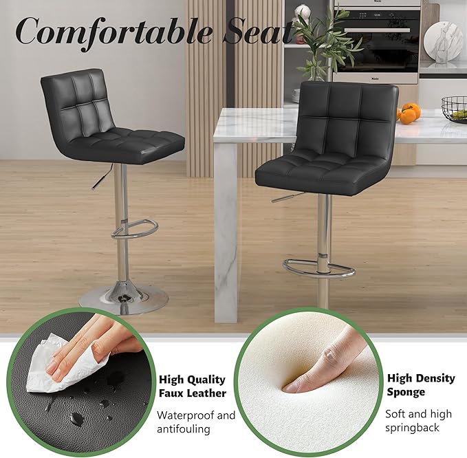 Modern PU Leather Bar Stools Set of 6, Adjustable Swivel Square Bar Chairs, Armless Counter Height Barstools with Back and Large Base for Island/Kitchen(Black)
