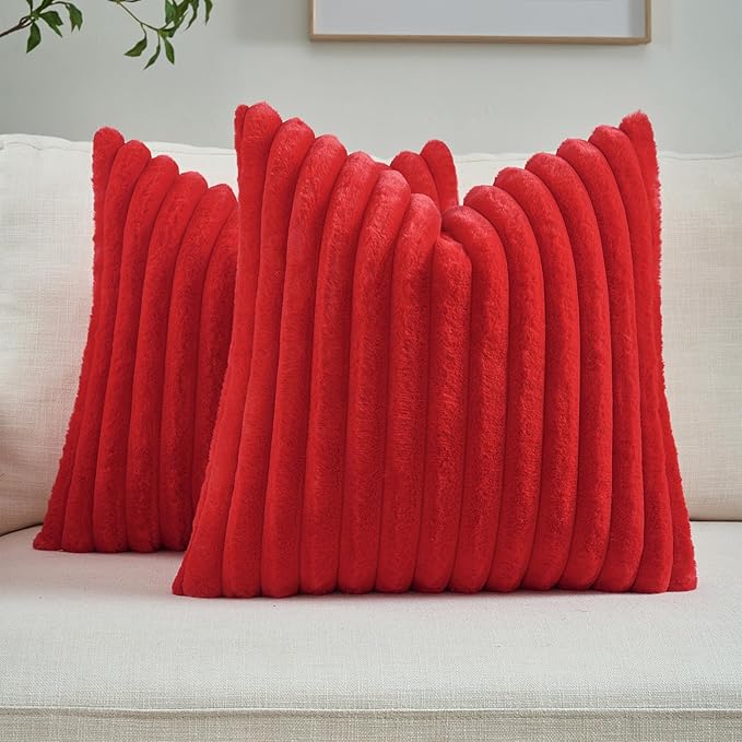 FUTEI Red Striped Decorative Throw Pillow Covers 18x18 Inch Set of 2,Square Fall Decorations Couch Pillow Case,Soft Cozy Faux Rabbit Fur & Velvet Back,Modern Home Decor for Bed