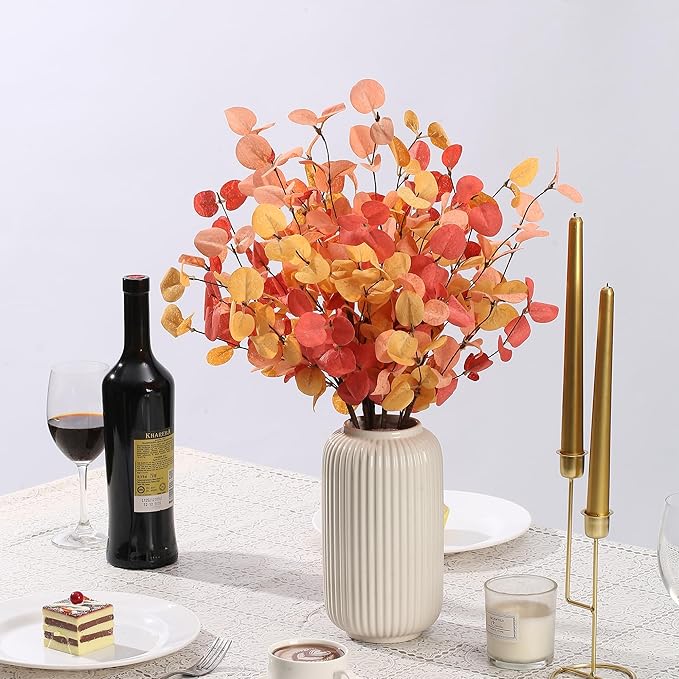 5 Bunches Artificial Fall Eucalyptus Stems Leaves, 24" Autumn Faux Eucalyptus Plant Fake Silk Foliage Artificial Flowers for Autumn Decorations, Floral Arrangement,Thanksgiving Halloween Décor