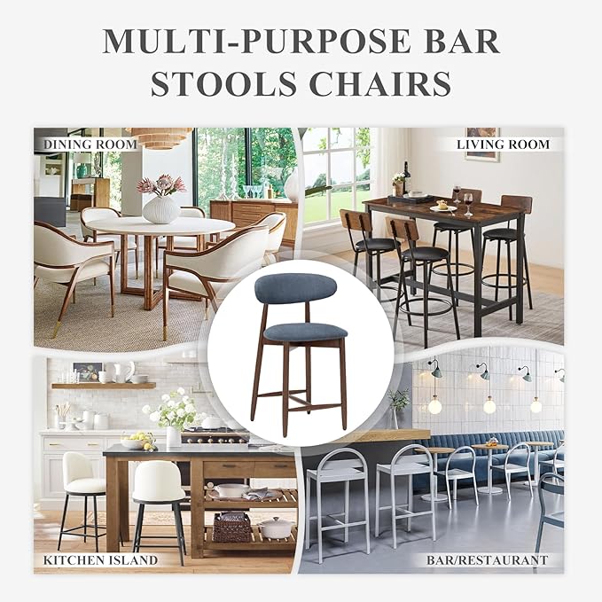 COLAMY Bar Stools Set of 6, Counter Height Bar Stools, Upholstered Counter Stools with Wood Legs for Kitchen Island Dining Room Bar, Blue