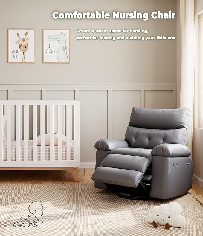 GarveeHome Oversized Rocker Swivel Recliner Chair - PU Leather Extra Wide Manual Recliner for Adults, Large Lazy Chair with 1.5X Sponge Comfort Arm and Back for Living Room, Bedroom