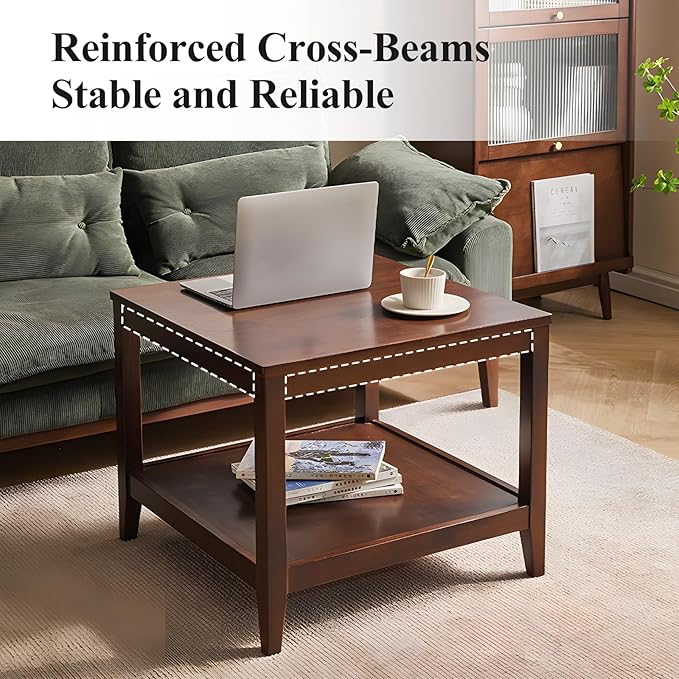 Side Table, Solid Wood Square End Table with Storage Shelf, 2-Tier Coffee Table for Living Room, Rubber Wood Small Sofa Table, Nightstand 23.62 H x 23.62 W x 23.62 D Inches (Walnut)