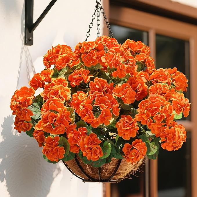 Fake Geraniums Artificial Flowers for Outdoors Fall Autumn Decoration, 6 Bundles Silk Geraniums UV Resistant Look Real Orange Faux Flowers Plants for Front Door Garden Planter Patio Balcony Yard Home