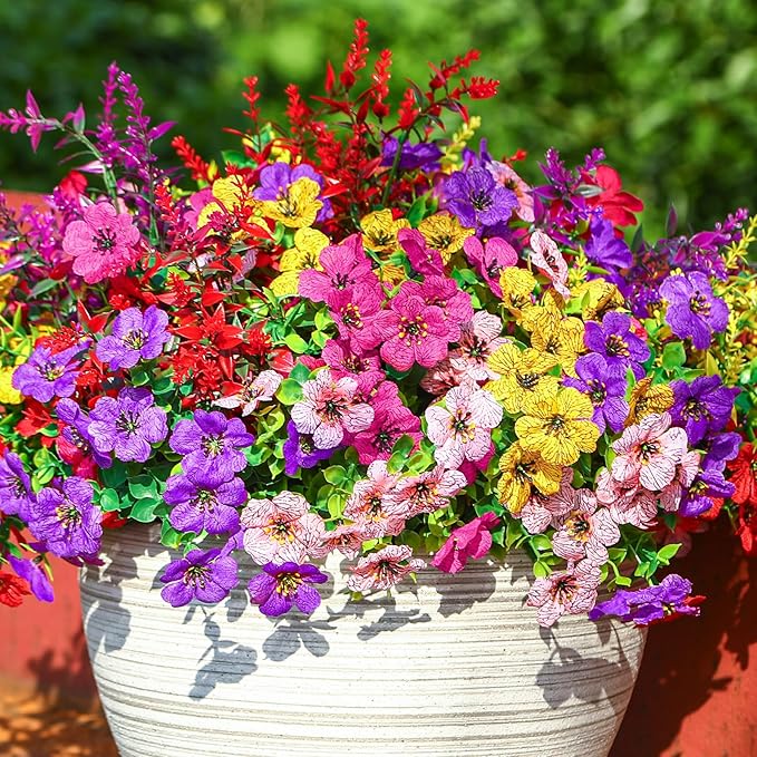 SHareconn 48 Bundles Artificial Flowers for Outdoors Decoration, Faux Plants Fake Silk Colorful Daisy Eucalyptus Lavender, UV Resistant for Outside Home Porch Patio Indoor Spring Decor, Mix 5 Colors