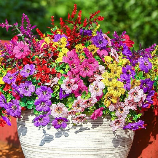 SHareconn 48 Bundles Artificial Flowers for Outdoors Decoration, Faux Plants Fake Silk Colorful Daisy Eucalyptus Lavender, UV Resistant for Outside Home Porch Patio Indoor Spring Decor, Mix 5 Colors