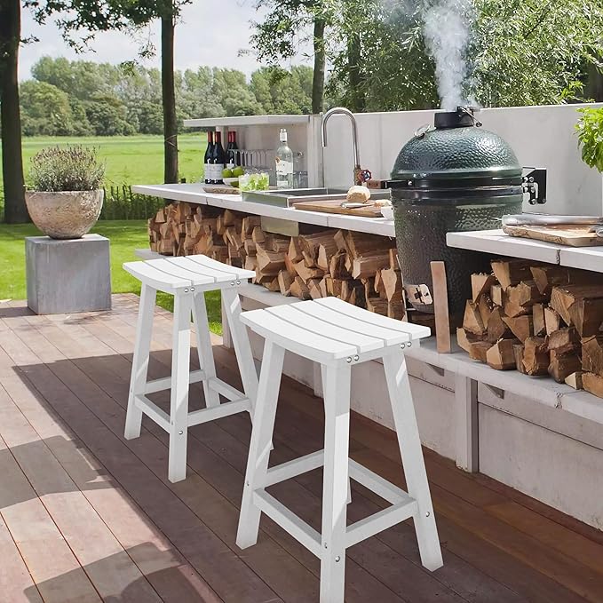 nalone 24 Inch Outdoor Bar Stool, HDPE Bar Chairs with Footrest, Weather Resistant Waterproof Bar Stools Outside Bar Height Stools for Bar, Kitchen Counter, Yard, Balcony(White, 24'' Barstools)