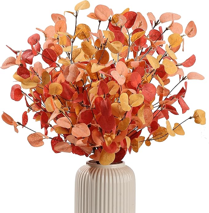 5 Bunches Artificial Fall Eucalyptus Stems Leaves, 24" Autumn Faux Eucalyptus Plant Fake Silk Foliage Artificial Flowers for Autumn Decorations, Floral Arrangement,Thanksgiving Halloween Décor