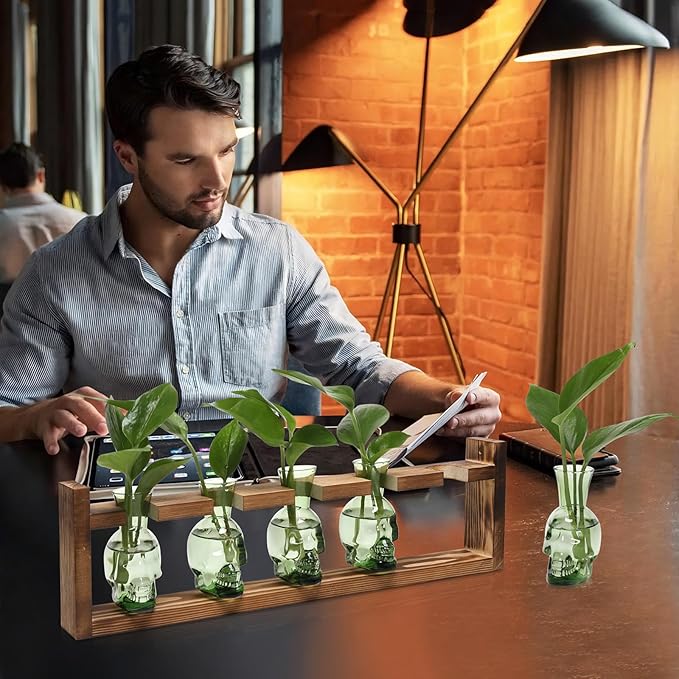 Plant Terrarium Propagation Stations Halloween Skull Planter Vase Skulls Decor with Wooden Stand Gife for Father - 5 Vases