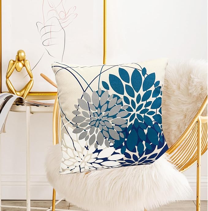 Blue Decorative Throw Pillow Covers 18x18 Inch Pillow Covers for Couch Living Room Bedroom Car Outdoor.Modern Sofa Throw Pillow Cover.Farmhouse Geometric Floral Linen Square Pillow Case.Set of 2