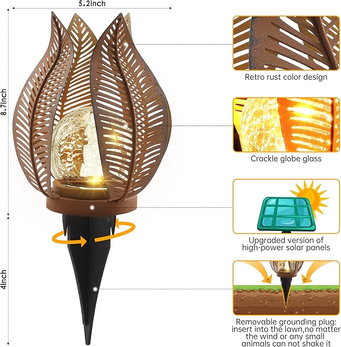 Solar Outdoor Lights Garden Decor Waterproof Crackle Glass Globe,Metal Yard Art Outdoor Solar Garden Lights for Decor Yard,Porch,Patio Decorations.Gardening Gifts for Women/Mom.