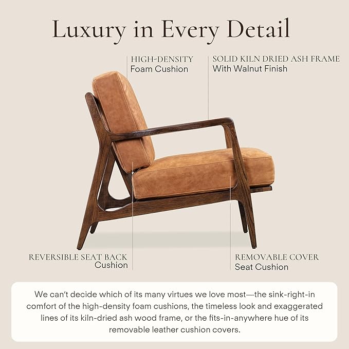 POLY & BARK Verity Leather Accent Chair – Armchair with Walnut Wood Frame – Fashion-Forward Lounge Seating for Living Room – Upholstered in Cognac Tan Leather for Modern Style