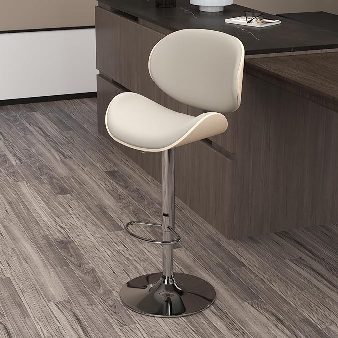 KCC Bar Stools, Swivel Adjustable Height Barstools, PU Leather Upholstered Bar Chairs with Footrest, Bentwood Bar Stool for Kitchen, Bar, Dining Room(Grey PU)