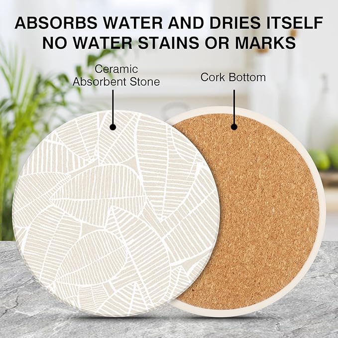 Ceramic Table Coasters for Drinks Set of 2, Cute Desk Office Coasters with Cork, Funny Marble Glass Cup Posavasos Absorbent for Coffee or Plant, Heat-Resistant Protect Furniture (2Pack, Leaf)