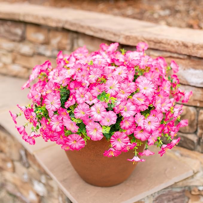 Artificial Flowers Fake Plants for Outdoors Decoration, 12 Bundles Pink Silk Morning Glory with Eucalyptus Realistic UV Resistant Faux Flowers Greenery for Outside Planter Yard Garden Home Indoor