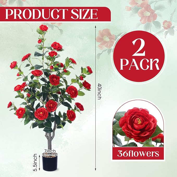 Jexine 2 Pack 40" Artificial Tree with Camellia, Fake Tree with 36 Blooming Flowers, Flower Plants Tree Faux Floral Plant Tree in Cement Pot for Indoor Outdoor Office Home Porch Decor (Red, 40")
