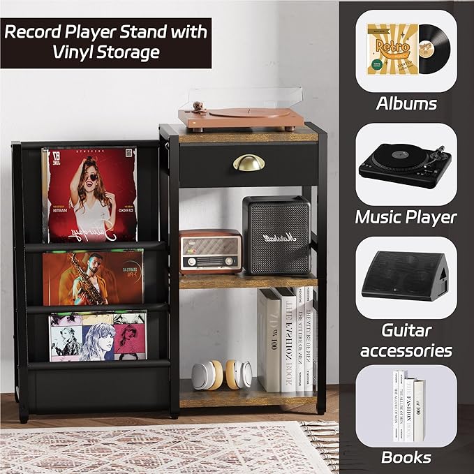 End Table with Vinyl Record Storage,Record Player Stand,3 Tier Turntable Stand with Records Holder,Stand Table for Media Stereo Speaker,Amplifiers,Magazines-Vintage