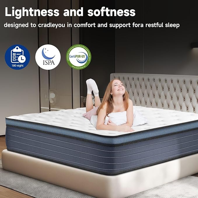 King Size Mattress in a Box 12 Inch Hybrid Mattress [Enhanced Stability], Medium Firm Support with Memory Foam and Pocketed Coils, Edge Support Included