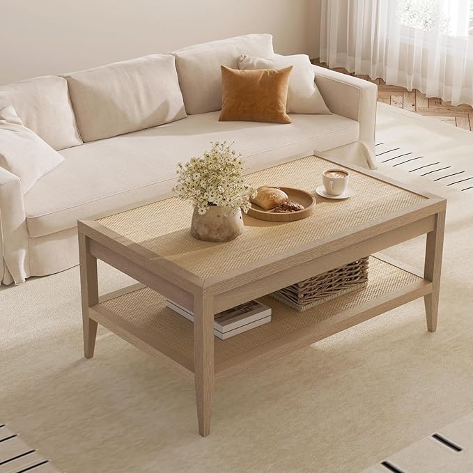 SICOTAS Rattan Coffee Table for Living Room - Boho Rectangular Dining Center Table with 2 -Tiers Rattan Storage Shelf, Farmhouse Accent Table for Living Room, Home Office, Light Oak