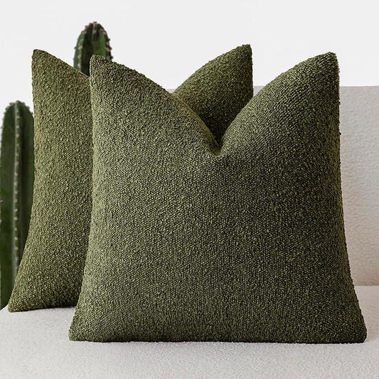 Foindtower Set of 2, Decorative Textured Boucle Throw Pillow Covers Accent Solid Pillow Cases Neutral Soft Cozy Couch Cushion Case for Chair Sofa Bedroom Living Room Home Decor 26x26 Inch Moss Green