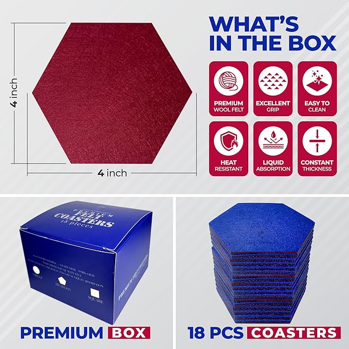 A&A Wonders Premium Felt Coasters for Drink, Two-Tone Reversible, Absorbent Felt Protects Furniture, Table, Anti Slip, Suitable for Drinks & All Table Types (Wine Red/Royal Blue, Hexagon 18 Pack)
