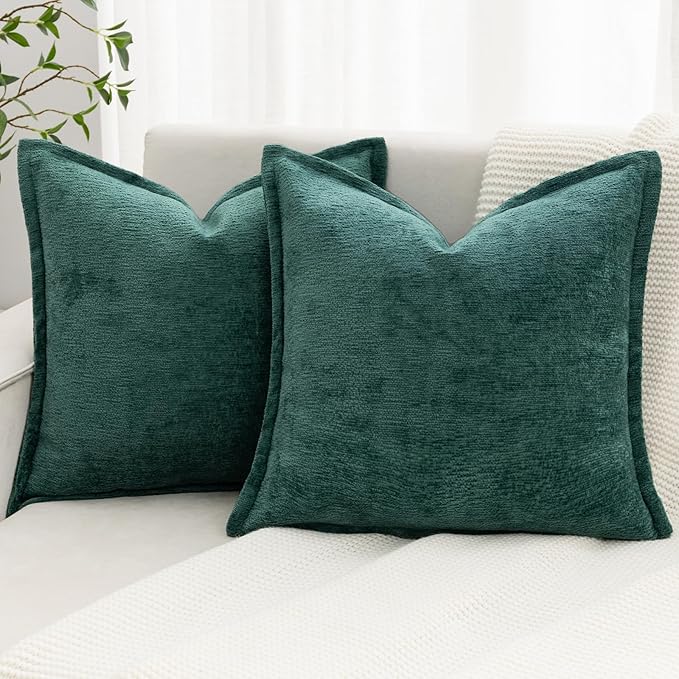 Green Decorative Throw Pillow Covers 18x18 Inch Set of 2 Cozy Soild Chenille Cushion Cases Soft Textured Square Couch Pillows Cover Boho Accent Farmhouse Pillowcases for Sofa Bed