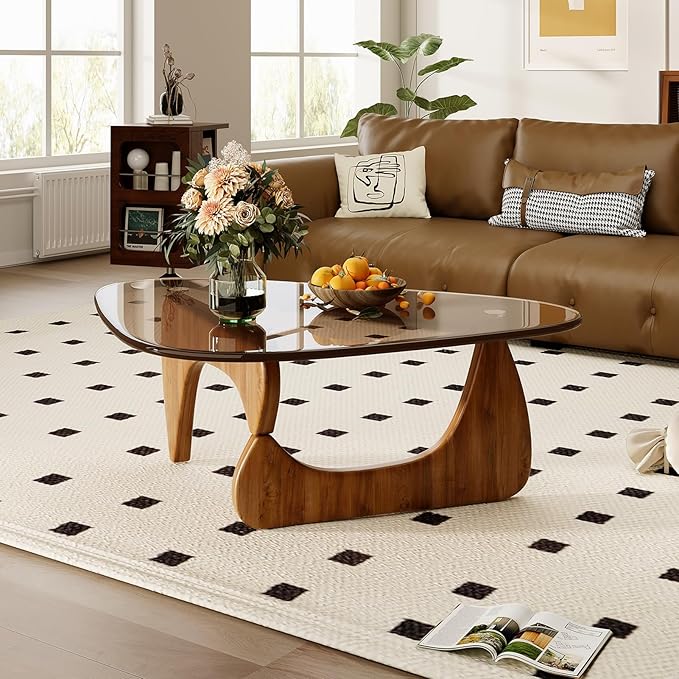 Glass Coffee Table for Living Room Mid Century Modern Triangle Center Table with Wooden Base, Brown/Walnut