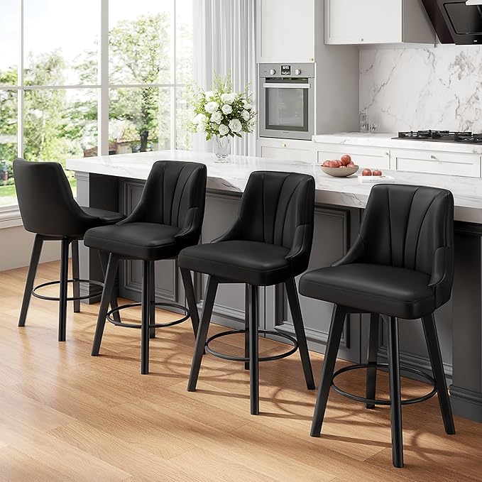 Counter Height Swivel Bar Stool, 24" Upholstered PU Leather Barstools, Counter Stool Chair with Back & Solid Wood Legs for Kitchen Island Dining Room (Black)