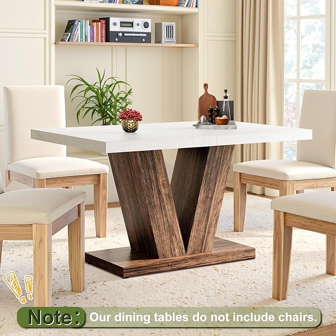 NicBex 47" Dining Table for 4 People, Farmhouse Dinner Table Small Dining Room Tables Rectangular Wooden Kitchen Tables with Heavy Duty Pedestal for Kitchen, Living Room, White & Brown