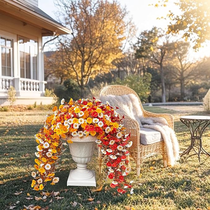 8PCS Artificial Fall Hanging Flowers for Outdoor, Fake Silk Petunias Plants, Fake Mums, Fall Outdoor Decoration, UV Resistant, Morning Glorias, for Home Garden Porch Decor (Early Harvest)