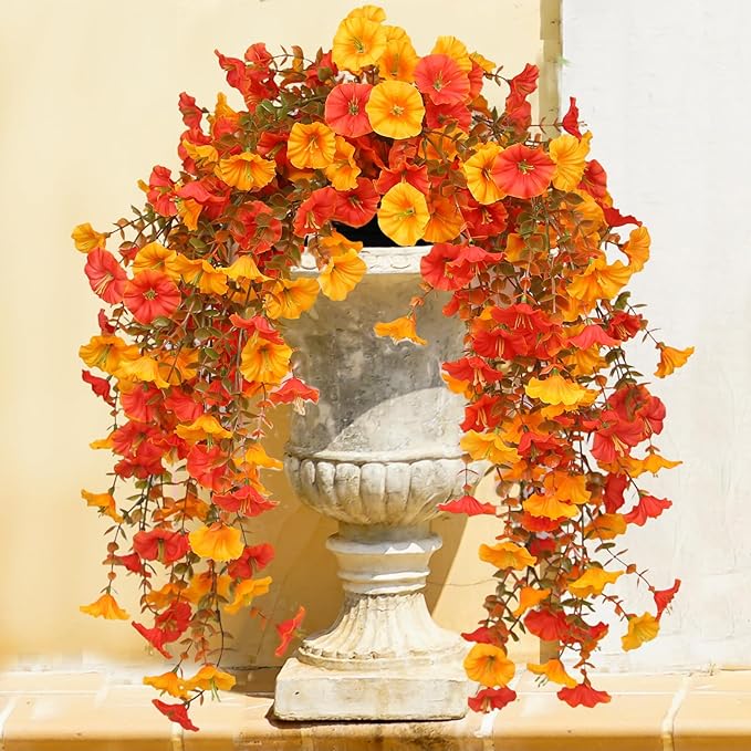 Artificial Flowers for Outdoors, 4 pcs Faux Mums for Outdoor Planters, UV Resistant Fake Flowers Fall Porch Decor, Fake Sunset Mums for Yard Patio Lawn Garden, Silk Flowers Autumn Decor