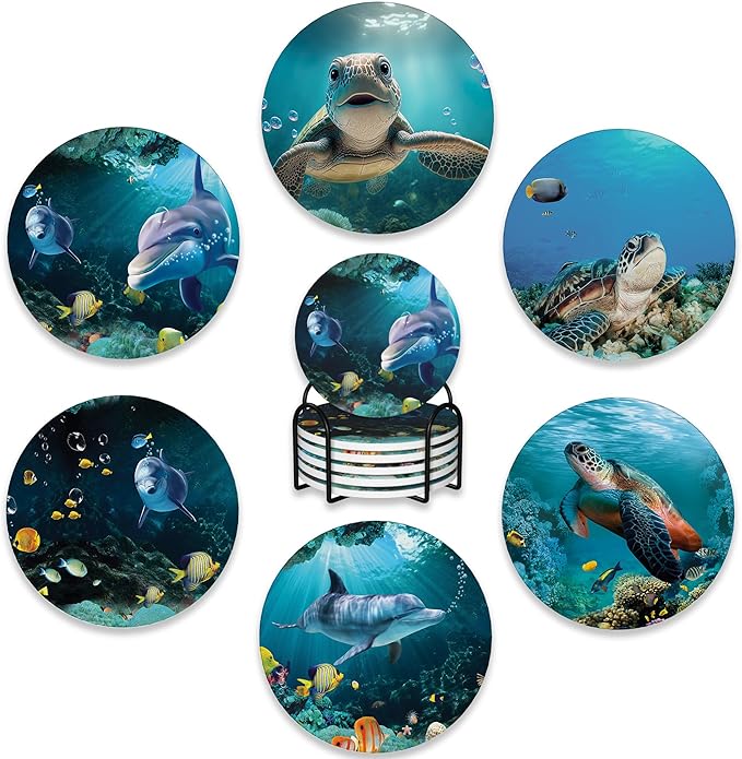 6 Pcs Coasters for Drinks with Holder,Underwater Fishes Sea Turtle Absorbent Coaster with Cork Backing,Great Gift for Housewarming,Room Decor,Bar,Holiday Party