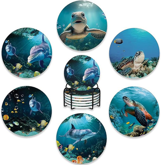6 Pcs Coasters for Drinks with Holder,Underwater Fishes Sea Turtle Absorbent Coaster with Cork Backing,Great Gift for Housewarming,Room Decor,Bar,Holiday Party