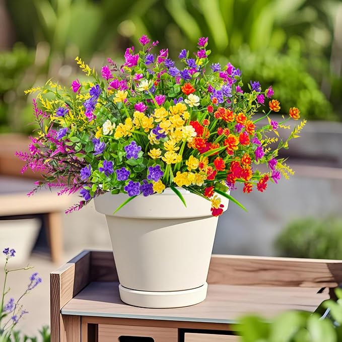 Ouddy Decor 16 Bundles Artificial Flowers for Outdoors Fake Plastic Plants Faux Shrubs Greenery Wheat Grass UV Resistant for Spring Summer Garden Patio Window Box Office Table Kitchen Home Decoration