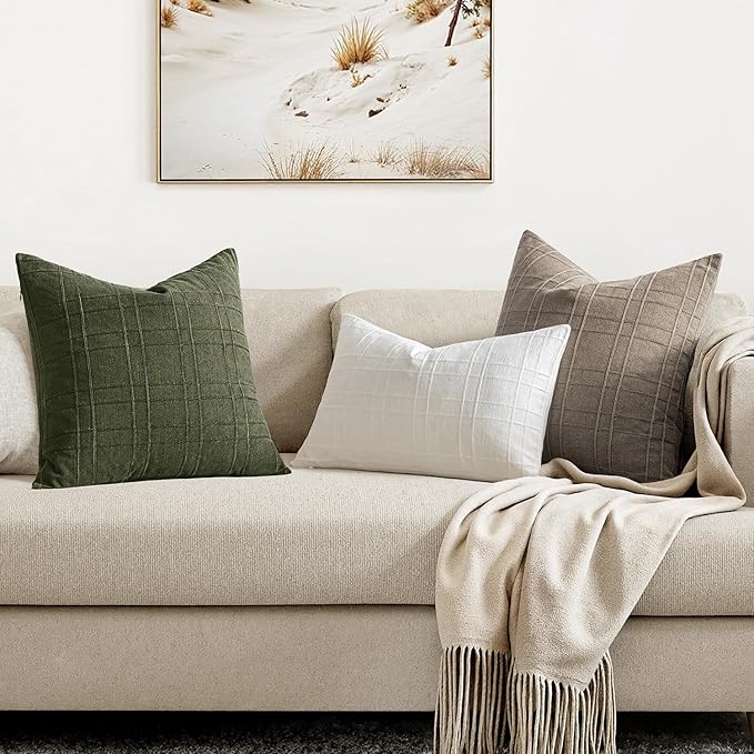 MIULEE Decorative Linen Check Throw Pillow Covers Neutral Farmhouse Vintage Christmas Pillow Covers 20x20 Set of 2 Boho Modern Home Decor for Sofa Couch Bedroom Cushion Dark Olive Green