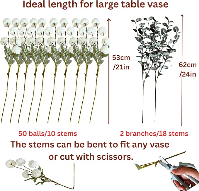 RyddeligHome White Faux Flowers for Vase - Kiku 10 Stems & Eucalyptus, Fake Flowers Stems for Pottery Vase, Realistic Artificial Flowers, Pom Pom Balls for Aesthetic Farmhouse Barn Room Decor