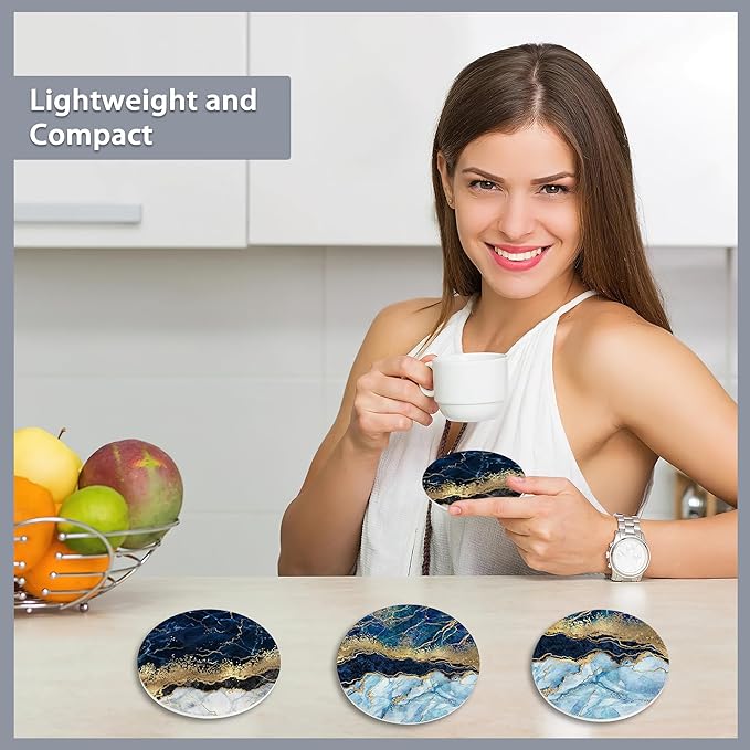 6 Pcs Coasters for Drinks with Holder,Blue Gold Marble Absorbent Coaster with Cork Backing,Great Gift for Housewarming,Room Decor,Bar,Holiday Party