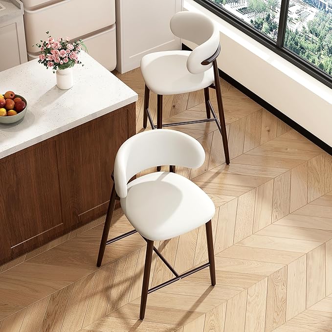 Bar Stools Set of 6 Counter Height Barstool Metal Kitchen Counter Height Bar Stool Island Chairs 26 Inch, Walnut/Cream White