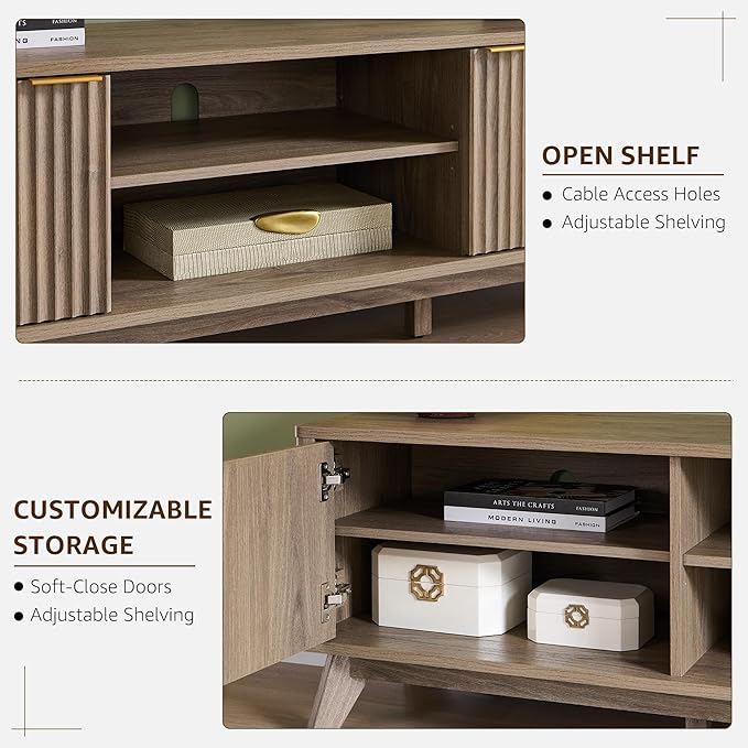 OKD 70" Mid Century Modern Fluted TV Stand, Entertainment Center, Sideboard, Media Console for Living Room with 2 Soft Close Door/Adjustable Shelves (Alder Grey)