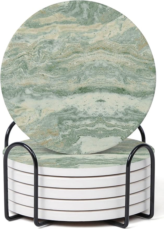Set of 6 Sage Green Abstract Onyx Marble Coasters with Holder, Absorbent Ceramic Drink Coasters for Table Protection, Coffee Table Decor