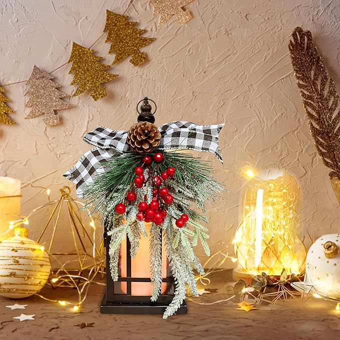 Christmas Decorative Lantern w/LED Flickering Flameless Candle - 14 Inch, Antiqued Vintage Lantern with Xmas Ornament for Outside Indoor Table Holiday Party Decorations