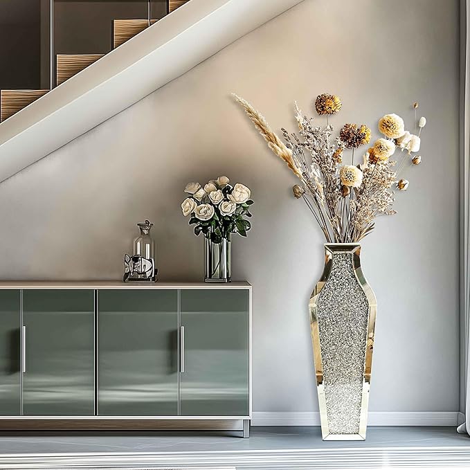 Flower Vase Crushed Diamond: Crystal Silver Mirror Vase Geometric Decorative Vases Large Bling Glass Mirrored Decor for Luxury Home Centerpieces, Won't Hold Water