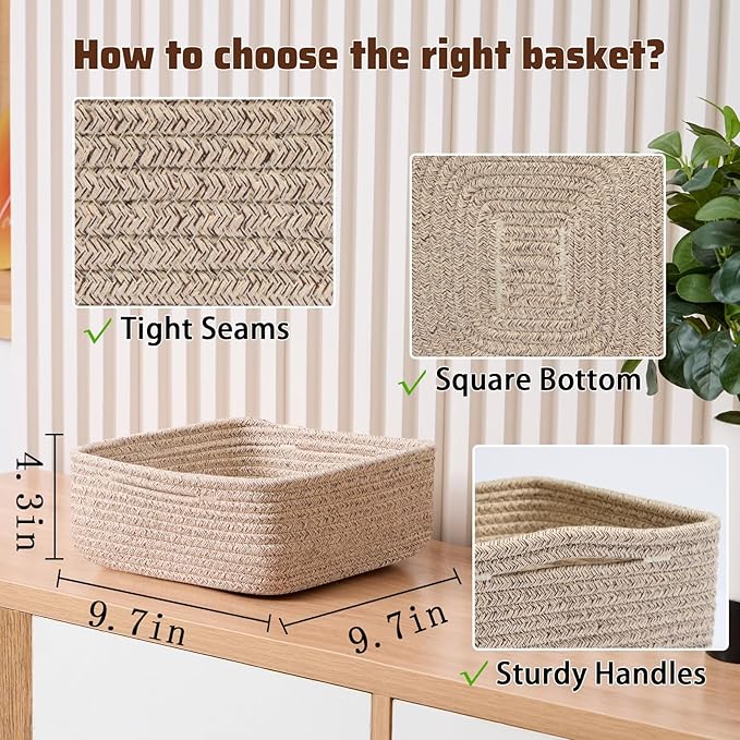 Small Square Shallow Baskets for Organizing, 9.7x9.7x4.3 Inch Rope Woven Storage Bins for Cubes Closet, Shelves Storage, Boho Decorative Basket, 2 Packs Mixed Brown