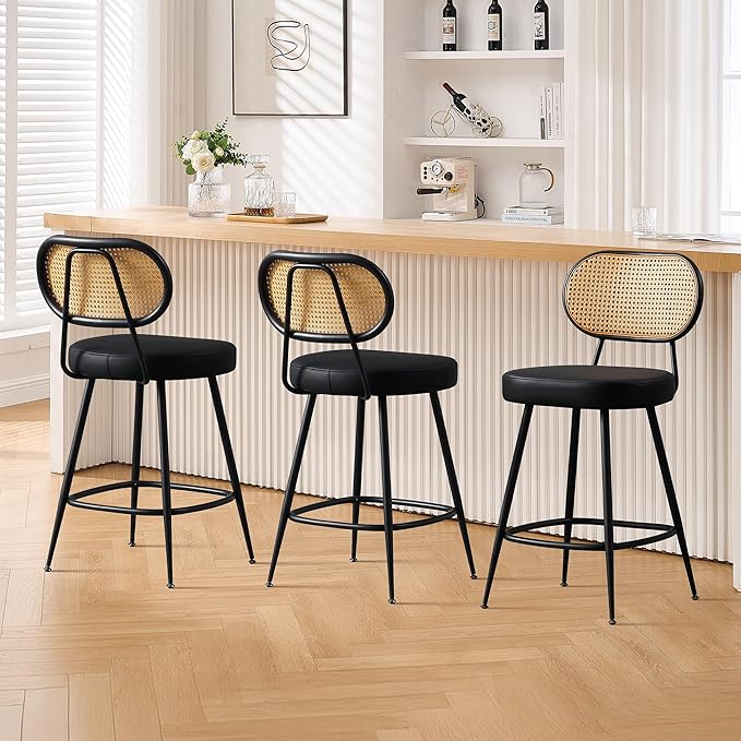 BFZ Bar Stools Set of 3, 26" Counter Height Barstools with Rattan Back and Metal Legs, Upholstered Faux Leather Bar Chairs for Kitchen Island, Home Bar, Black