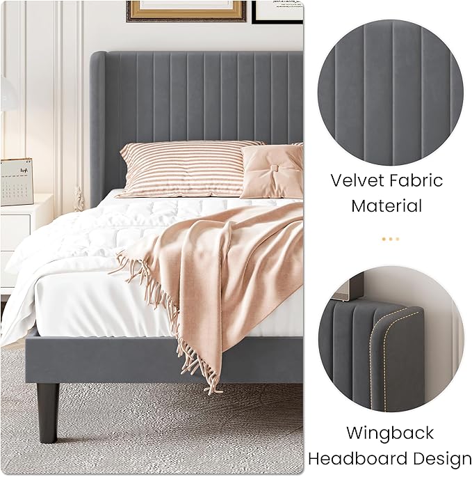 SHA CERLIN Queen Size Velvet Bed Frame with Vertical Channel Tufted Wingback Headboard, Upholstered Platform Bed with Wood Slats, No Box Spring Needed, Easy Assembly, Grey