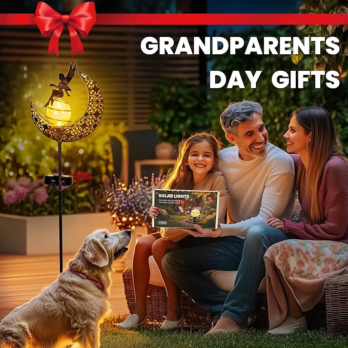 Fairy Garden Solar Lights Outdoor Moon Stakes, Waterproof Outdoor Metal Decor Gifts for Women Mom, Art Moon Sculpture for Yard, Patio, Garden, Porch, 1 Pack