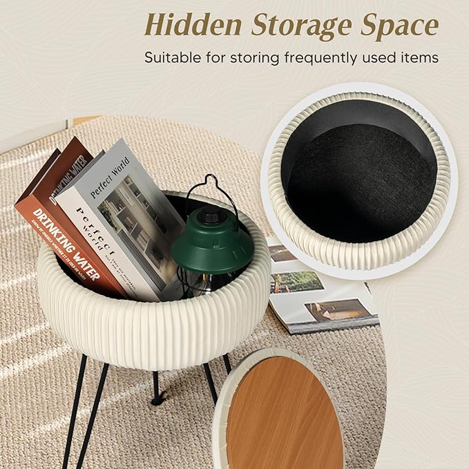 Velvet Vanity Stool with Storage, Round Ottoman Vanity Chairs with Anti-Slip Feet, Dressing Table Seat Foot Stool with Black Legs, Furry Padded Seat Side Table for Makeup Bedroom, White