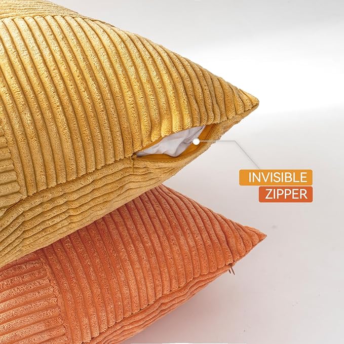 Decorative Throw Pillow Covers 20x20 Inch Set of 4 for Boho Living Room Farmhouse Home Decor, Spring Pillow Covers for Couch Bed, Soft Corduroy Striped Patchwork Cushion Cases, Warm Colors