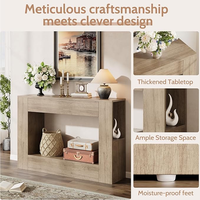 Farmhouse Console Table with Drawer, 47'' Wood Entryway Table with Storage Shelves, Narrow Sofa Table Behind Couch for Living Room, Hallway, Foyer (Gray)